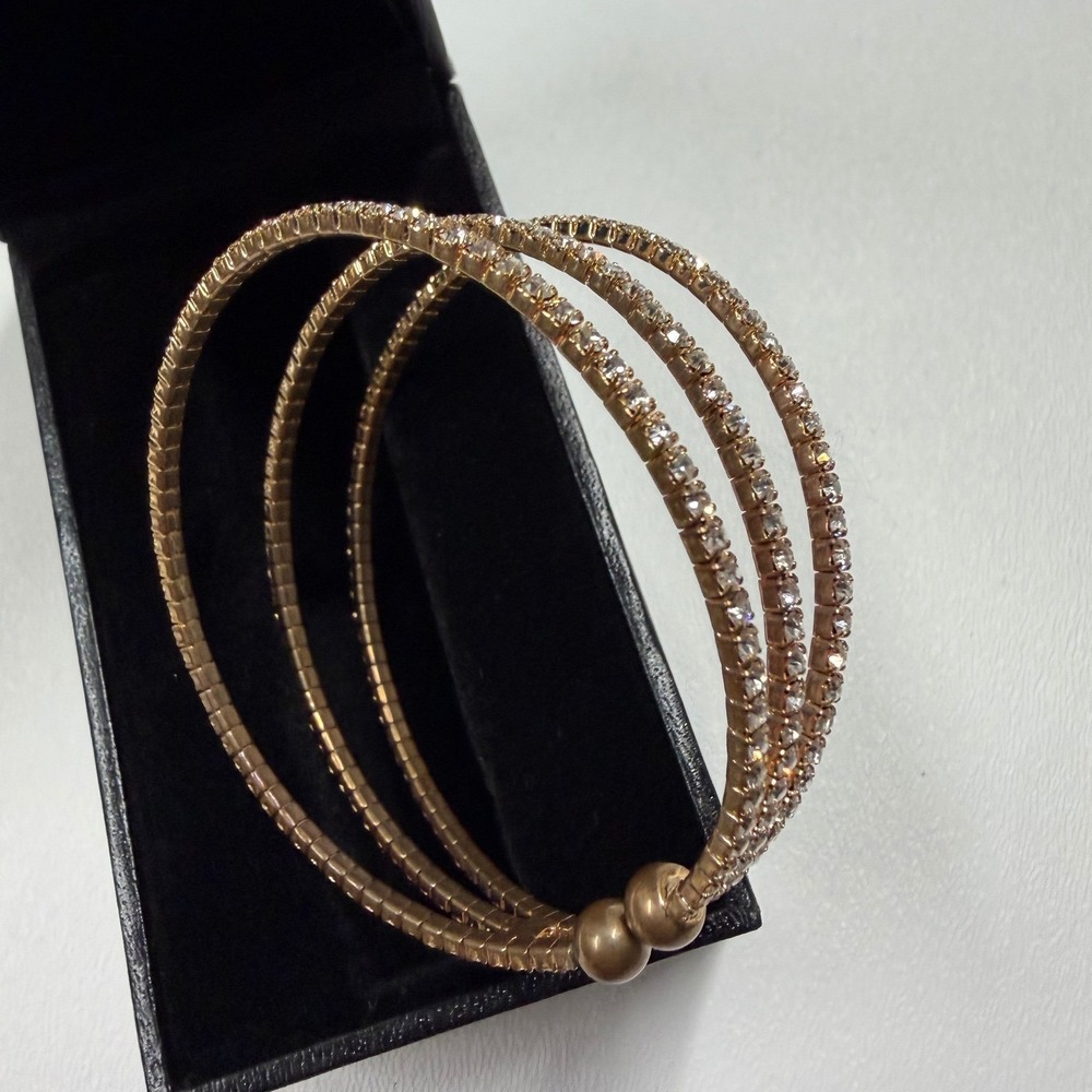 Gold Tone Triple Row Crystal Wrap Bracelet Flexible Coil Rhinestone Cuff Boxed